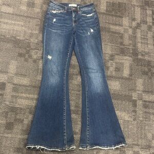 Flying Monkey Distressed Flare Jeans in Dark Blue